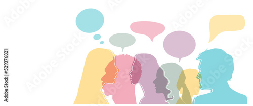 Man and woman head silhouettes with colorful speech bubbles