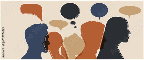 Man and woman head silhouettes with colorful speech bubbles
