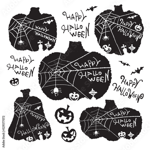 ハロウィン手描きイラスト（Happy Halloween、お化けかぼちゃ、コウモリ、クモとクモの巣、墓石）