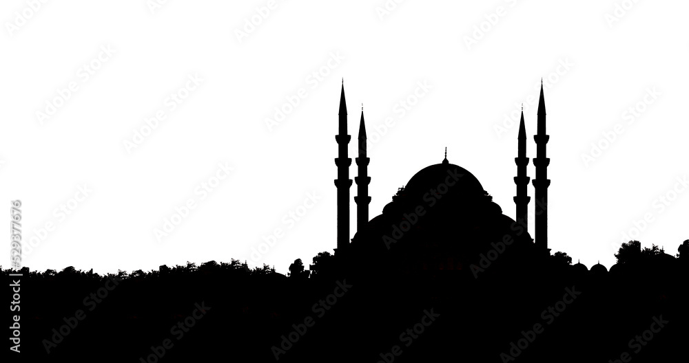 Cityscape of Istanbul with silhouettes of ancient mosques and minarets at sunset