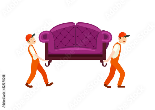 Furniture delivery service icon with workers carry sofa. Home delivery shipping service, furniture transportation company, moving service vector illustration
