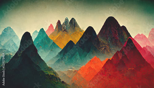 Peinture d'un paysage aux montagnes colorées photo