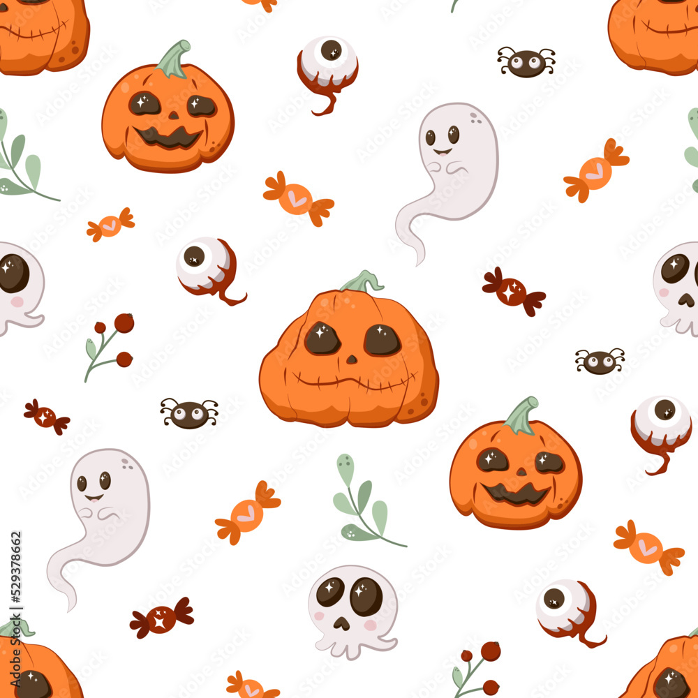Seamless pattern Happy Halloween! Pumpkins with Jack's face, spiders, skull, ghost, candy, berries.Vector hand drawn cartoon character. For gift paper, fabric, bags, cover, etc. Seamless pattern Happy Halloween! Pumpkins with Jack's face, spiders, skull, ghost, candy, berries.Vector hand drawn cartoon character. For gift paper, fabric, bags, cover, etc.