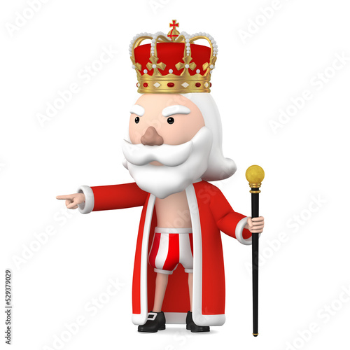 Old naked King wearing crown stand on with Cane, 3D Illustration