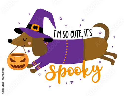 I am so cute, it is spooky - Doodle draw and phrase for Halloween party. Hand drawn lettering for greeting cards, invitation. Good for t-shirt, mug, gift, printing press. Adorable dachshund dog.
