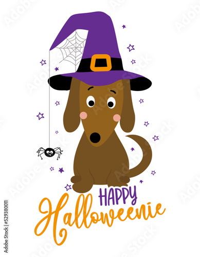 Happy Halloweenie - Doodle draw and phrase for Halloween party. Hand drawn lettering for greeting cards, invitation. Good for t-shirt, mug, gift, printing press. Adorable dachshund dog.