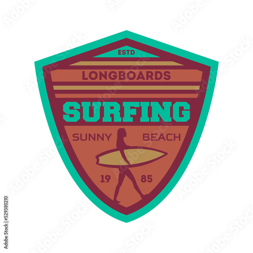 Longboard surfing vintage isolated label. Windsurfing society badge, sport center sign, summer beach activity vector illustration.