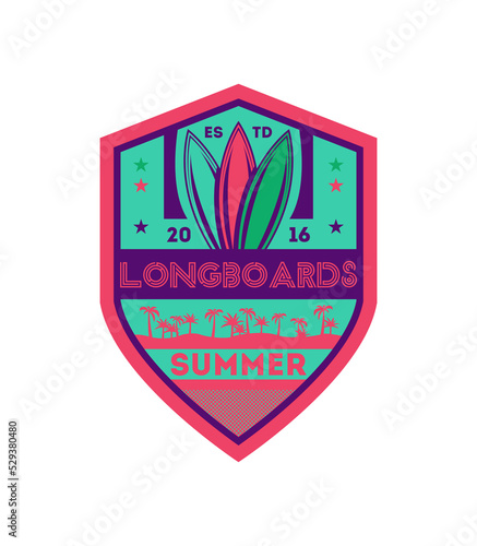 Longboards summer surfing vintage isolated label. Windsurfing society badge, sport center sign, sea activity vector illustration.