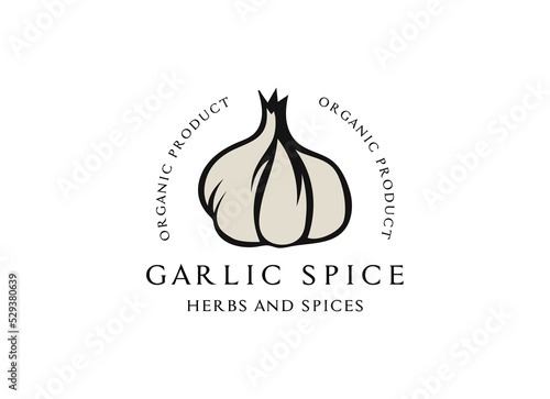 Packaging design template logo and emblem - herb and spice - garlic head. Logo in trendy linear style