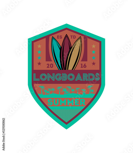 Longboards surfing championship vintage isolated label. Windsurfing society badge, sport center sign, sea activity vector illustration.