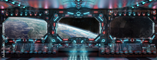 Canvas-taulu Dark spaceship interior with glowing blue and red lights