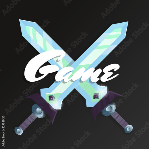 Fight game element with crossed swords. Cartoon medieval weapon for computer game design. Confrontation versus sign, warrior opposition symbol, fantasy broadsword vector illustration.