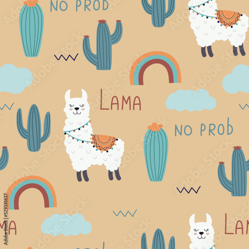 cute pattern with llamas and cactuses. nursery design, print fabric, wallpaper, wrapping and more