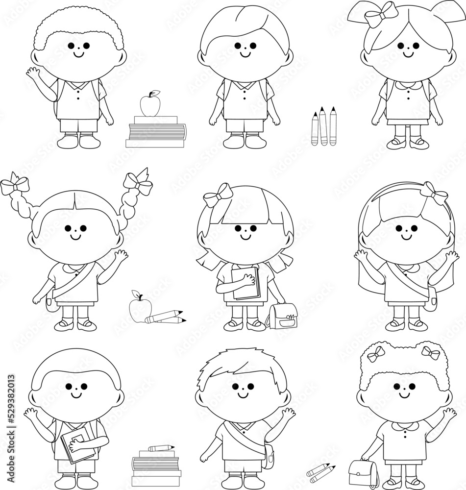 Group of children students at school. Vector black and white coloring page