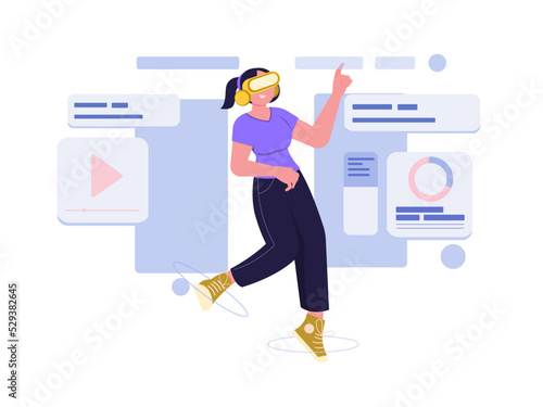 Flat illustration. Vr goggles concept. Work in the future. World meta verse. Virtual reality simulation. a digital world new technology