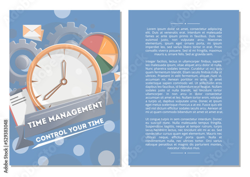Time management poster with round clock. Time planning and control concept for effiecient succesful and profitable business. Effective working time organization vector illustration in flat style.