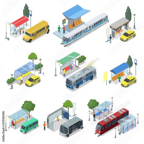 City public transport isometric 3D set. Modern town waiting stations of bus, taxi car, tramway and train. Urban and countryside traffic concepts with transport stops and vehicles vector illustration.