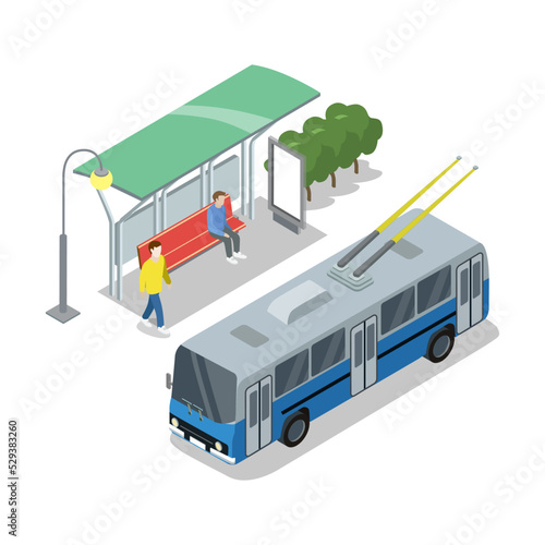 Trolleybus stop isometric 3D icon. City public transport, modern town waiting station, urban and countryside traffic concept with vehicle vector illustration.