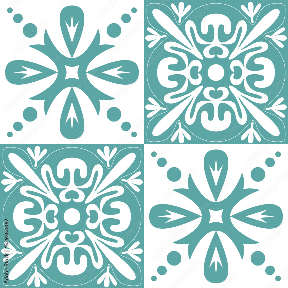 Fototapeta premium Seamless pattern mint blue pastel, repeating motif tile mosaic design pottery, portuguese style in pottery, vector illustration
