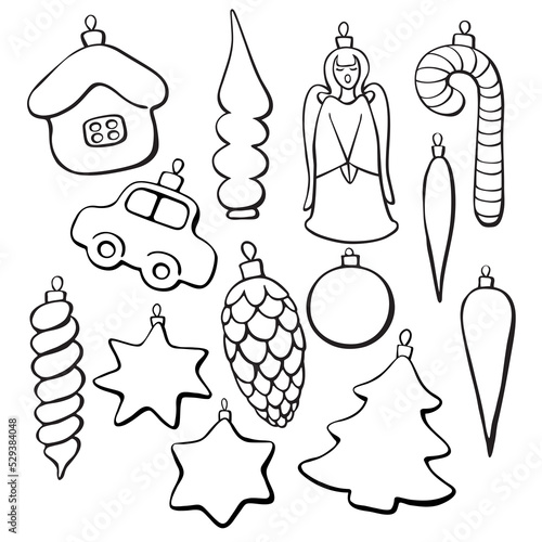 Set of vector contoured glass toys, decorations for xmas tree, doodle style. Clipart for Merry Christmas and New Year