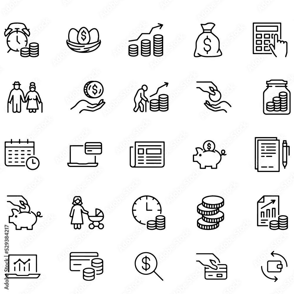 Retirement plan flat line icons set. Pension payment, money deposit ...