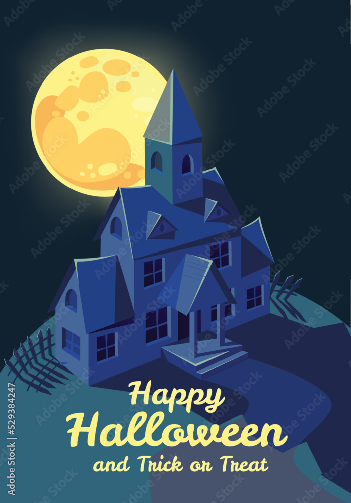 Cartoon dark Halloween house with moon. Night celebration. Vector illustration.