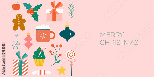 Christmas cute banner on a pink background. Flat modern cute gifts, baubles and sweets. Perfect for New Year letter, invitation, flyer template.