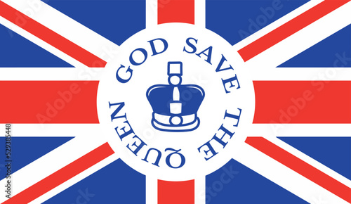 The Queens death. RIP, God save the Queen. Rest in peace poster with silhouette on flag background. Vector illustration for Her Majesty on her 96 years of service 1926 - 2022