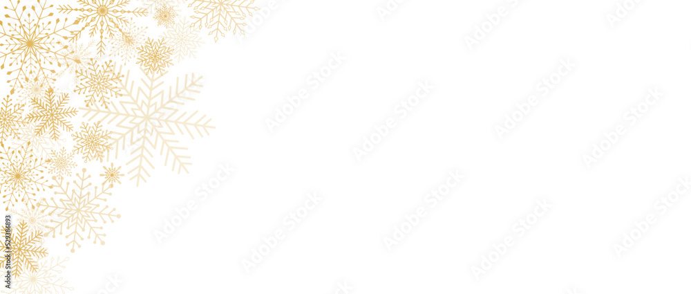 Luxury elegant poster template design with shining golden snowflakes on white background. Vector illustration for Christmas and New Year banner, poster, sale, flier, web, social media, party, cover.
