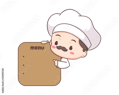 Cute chef logo mascot cartoon character. Chef with menu board. People Food Icon Concept Isolated on white. 