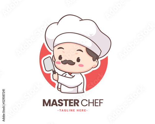 Cute chef logo mascot cartoon character. Chef holding knife. People Food Icon Concept Isolated on white. 