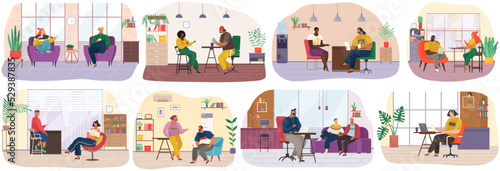 Discussion, talk during work in studio. Young people enjoy doing interviews, making digital record with computer, headphones. Set of illustrations about communicating, having conversation and working