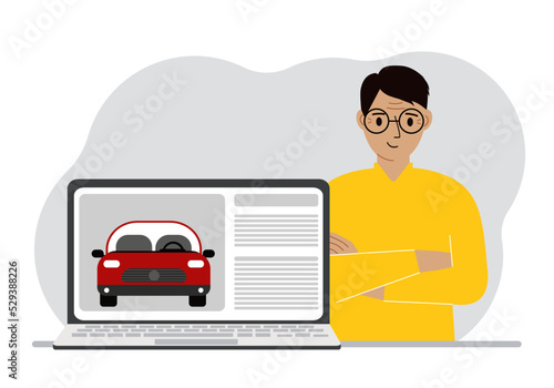 The concept of renting or buying a car. A man with a laptop on which site about the car.