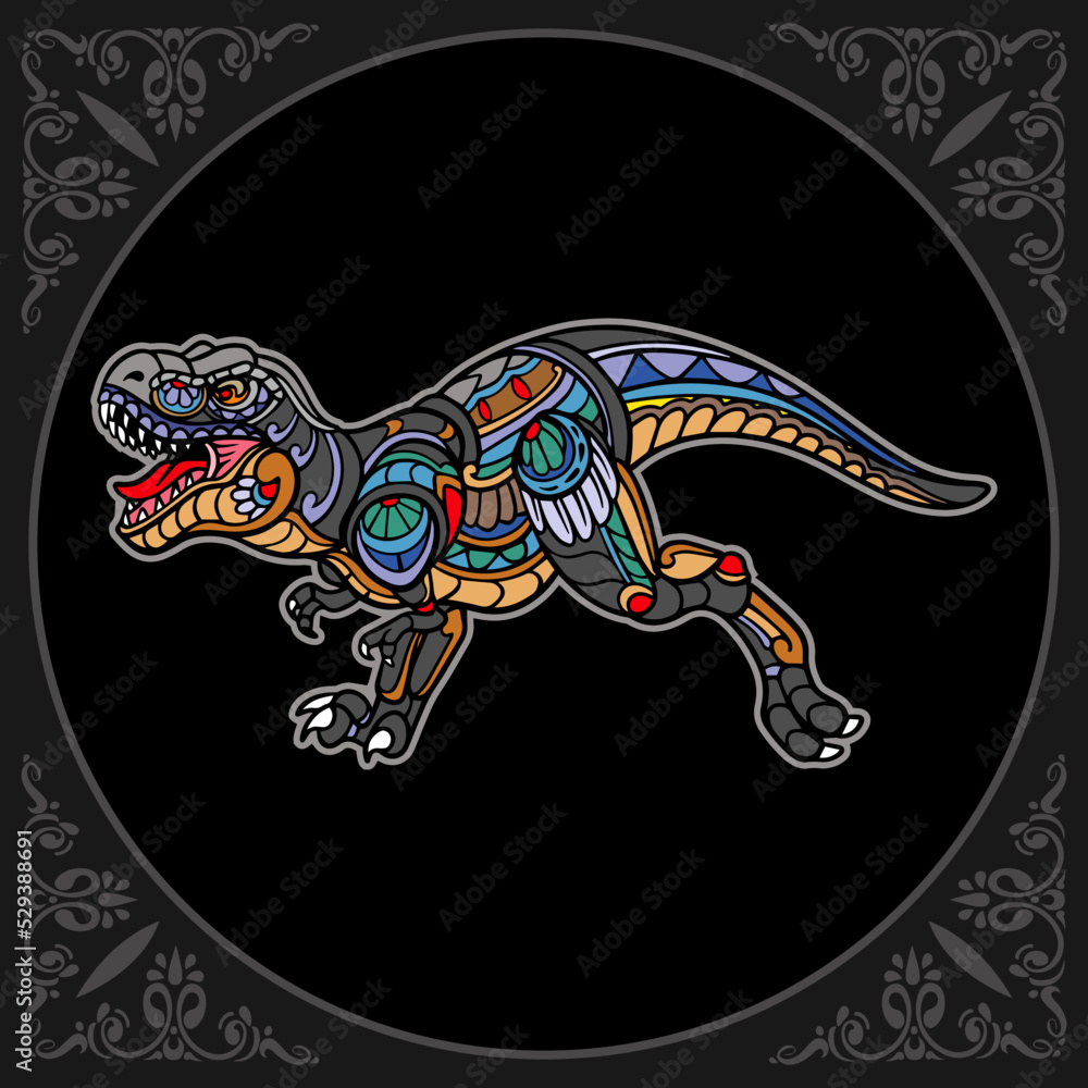 Colorful Tyrannosaurus rex zentangle arts isolated on black background