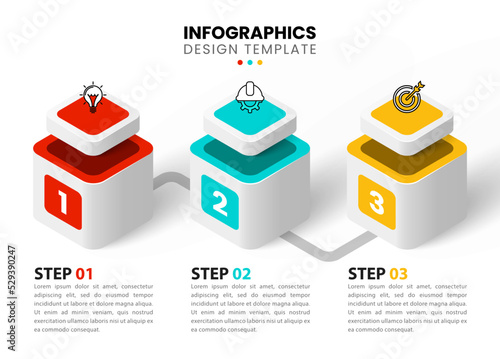 Infographic template. 3 isometric squares with icons in a row
