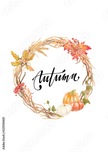 Autumn wreath with hand-drawn lettering. Fall season watercolor illustration isolated on white background.