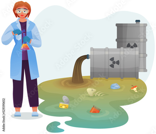 Environmental scientist studies industrial discharge from pipe. Pollution of nature and ecology. Plant and barrel with leaking oil products. Black stream in river. Modern problem. Chemical waste