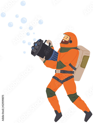 Astronaut, spaceman shoots bubble gun. Man dressed as space defender at costume party. Outfit for holiday in cosmic style. Guy wearing armor with blaster in hands. Person in costume of space explorer