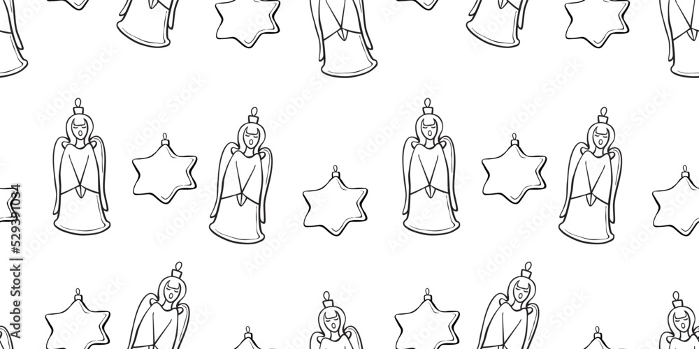Vector seamless pattern with outline singing angels and stars ...