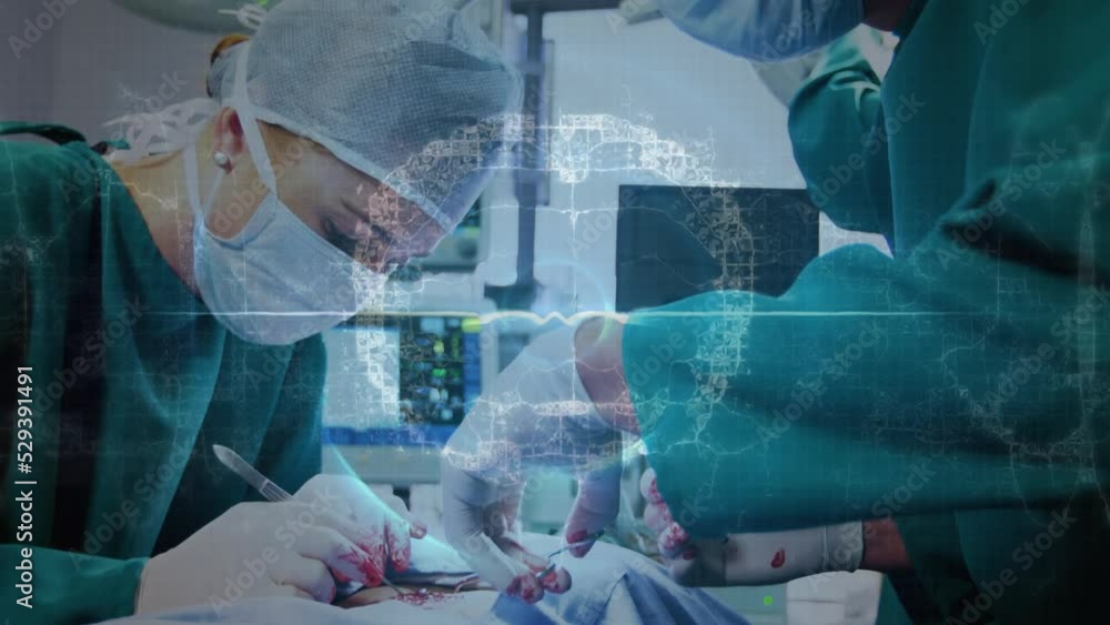Animation of medical data processing over male and female surgeons performing operation at hospital Animation of medical data processing over male and female surgeons performing operation at hospital