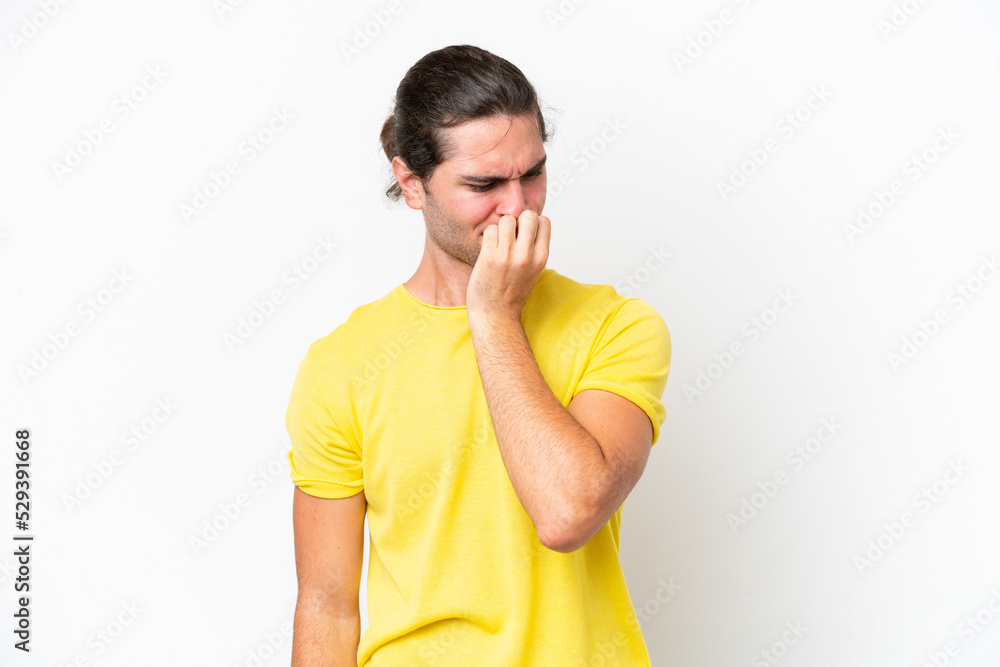 Caucasian handsome man isolated on white background having doubts Caucasian handsome man isolated on white background having doubts