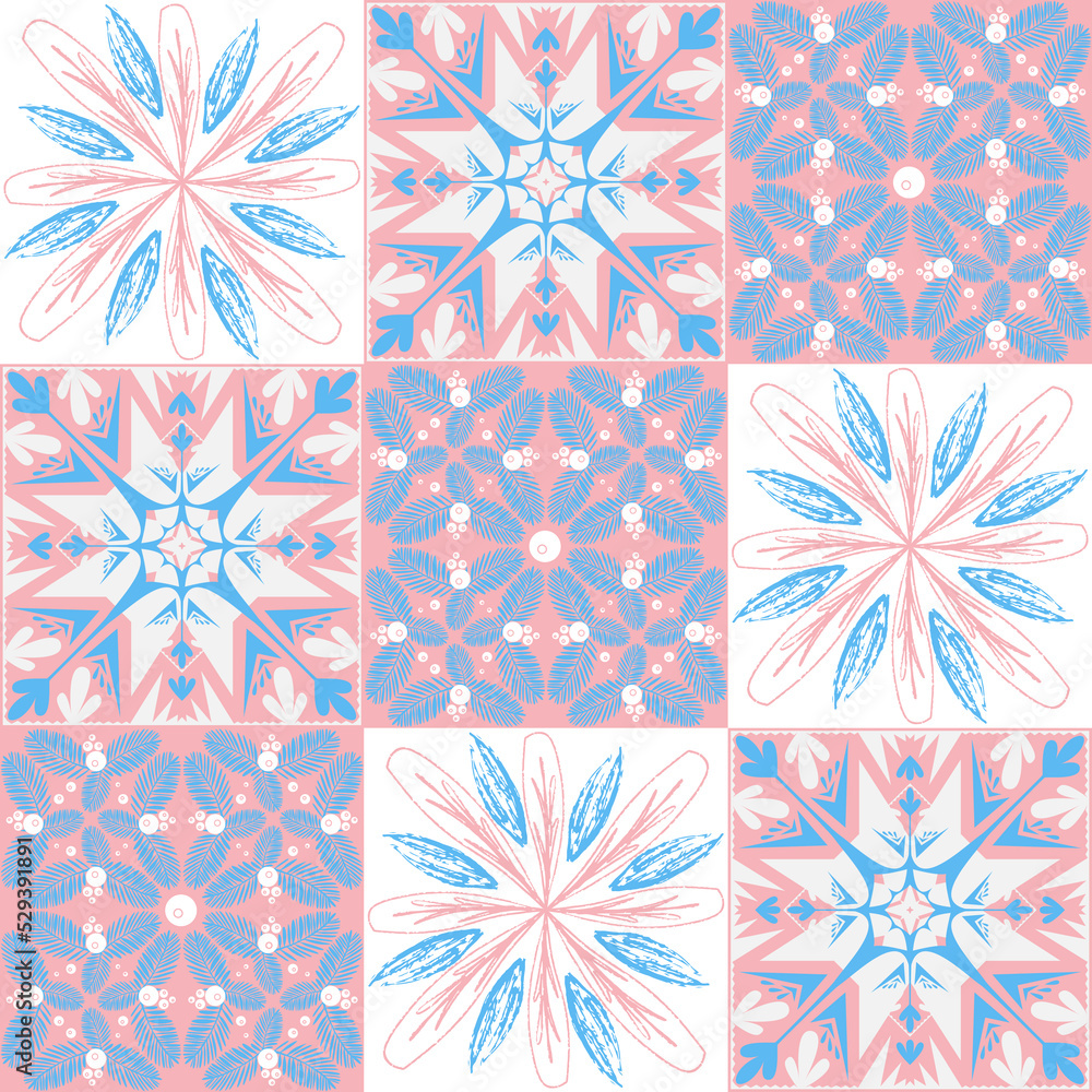 TalaVera de Puebla pastel colored ceramic tile, traditional spanish portuguese pattern for wall and ceramic tile design, pink blue white vector illustration TalaVera de Puebla pastel colored ceramic tile, traditional spanish portuguese pattern for wall and ceramic tile design, pink blue white vector illustration