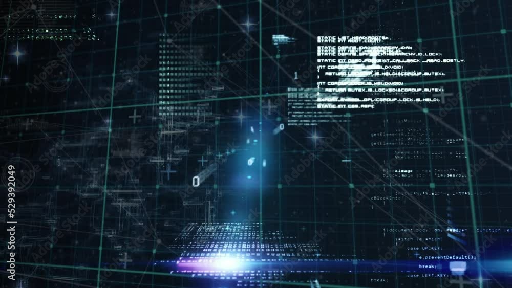 Animation of blue light spot and data processing over grid network against blue background Animation of blue light spot and data processing over grid network against blue background