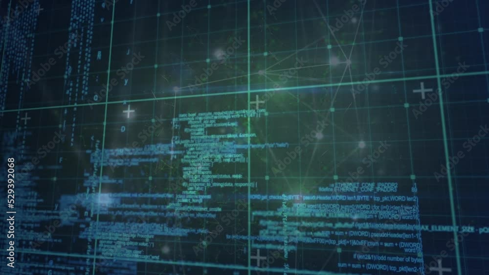 Animation of data processing over grid network against network of connections on blue background Animation of data processing over grid network against network of connections on blue background
