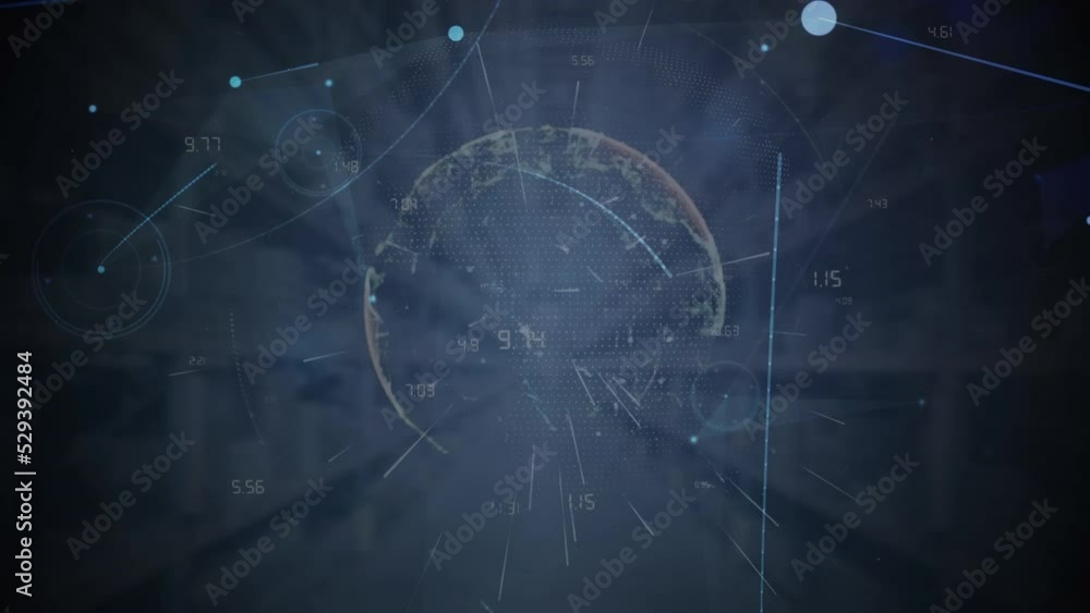 Animation of purple light trails and network of connections over globe against blue background Animation of purple light trails and network of connections over globe against blue background