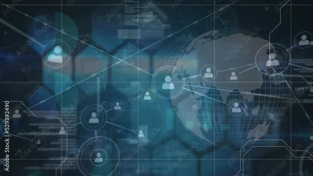 Animation of network of profile icons and data processing over spinning globe on blue background Animation of network of profile icons and data processing over spinning globe on blue background