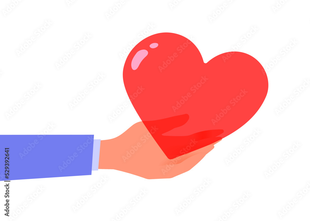 Vector kindness donation illustration with red shape heart on white color background. Charity hand give heart. Flat style romantic design of sharing love for Valentine's Day Vector kindness donation illustration with red shape heart on white color background. Charity hand give heart. Flat style romantic design of sharing love for Valentine's Day