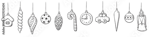Vector Christmas and New Year background with Hanging outline toys, balls, decorations for xmas tree, in doodle style