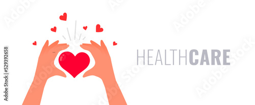 Vector kindness donation and charity illustration with red shape heart on white color background. Hand with heart form and text. Flat style romantic design of sharing love for Valentine's Day