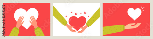 Charity hand give heart. Vector set of kindness donation illustration with people hand and red shape heart on color background. Flat style romantic design of sharing love for Valentine's Day